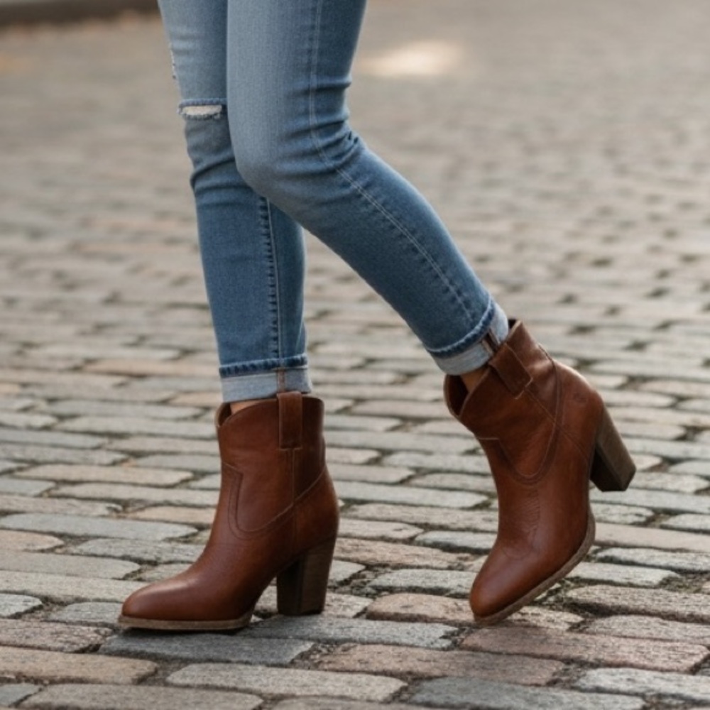 $359 Frye Ilana Short Cowboy Leather Cognac Block Heel Fall Winter Ankle Booties